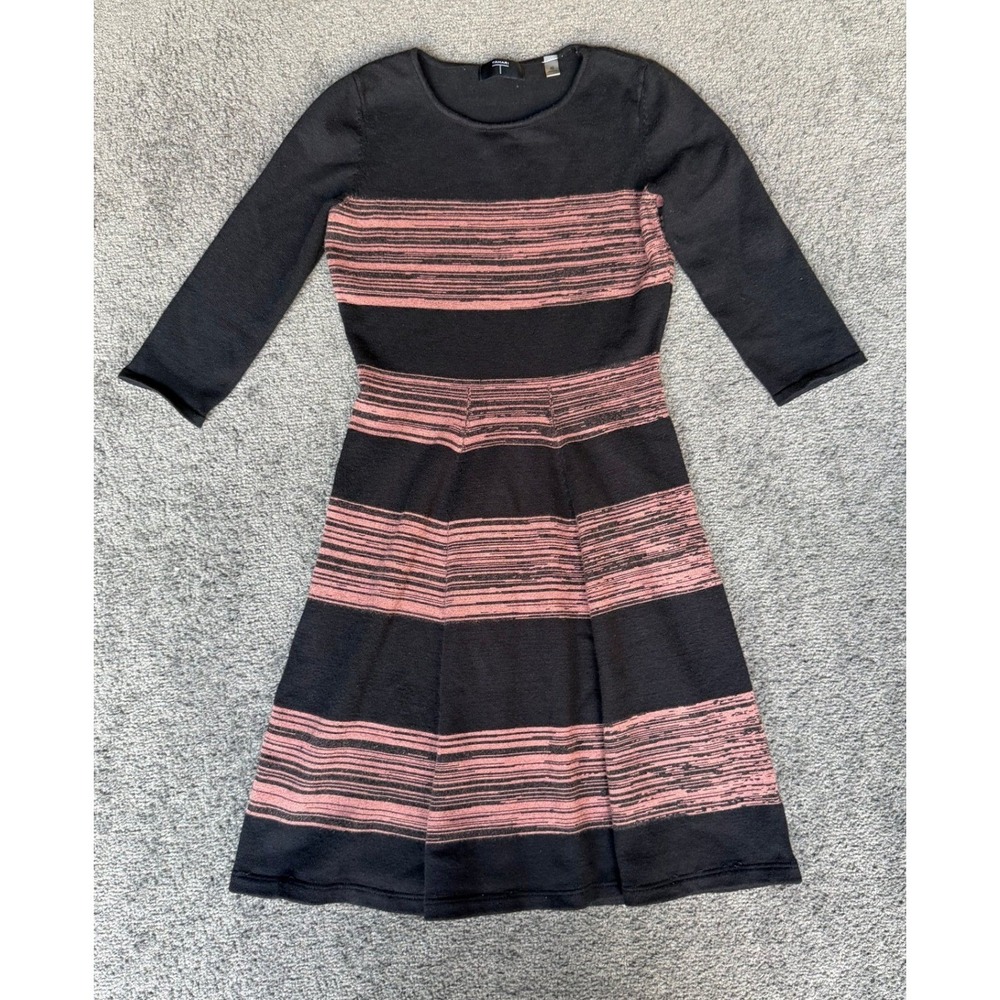 Tahari Womens XS Black Pink Striped Fit Flare Sweater Dress 3/4 Sleeve Knit